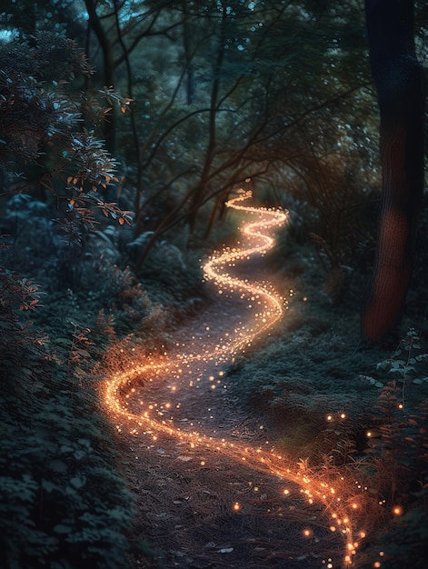 Betoverde boswandelpad in de schemering verlicht door vuurvliegjes die mystieke paden creëren te midden van de bomen