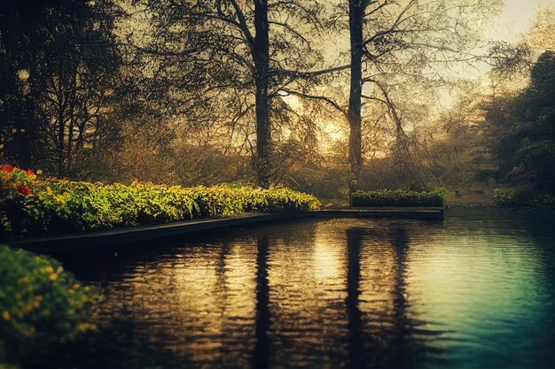 Betoverde huis tuin houten bureau fontein water zonsondergang achtergrond behang