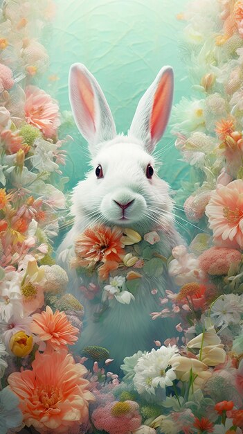 Betoverde ontmoeting met een wit konijn in een bloemend wonderland