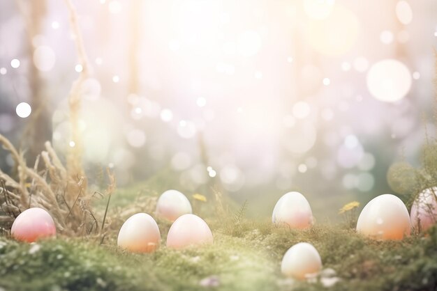 Betoverde paaseieren in mystieke mistige weide met etherisch licht en feestelijke bokeh-paaskaart