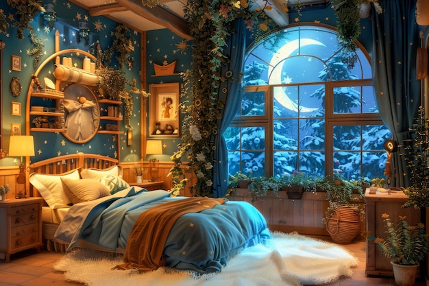 Betoverde sprookjes slaapkamer met vintage meubels en magisch bos uitzicht bij schemering