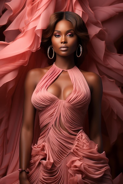 Betoverend Afrikaans model in een levendige roze jurk.