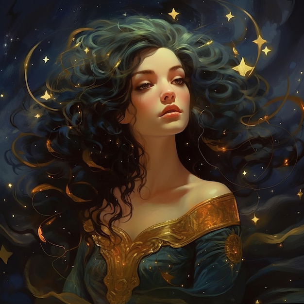 Betoverend artistiek beeld van een vrouw met sterren en maan