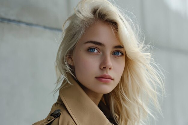 Betoverend blond meisje in trenchcoat betovert met haar ogen