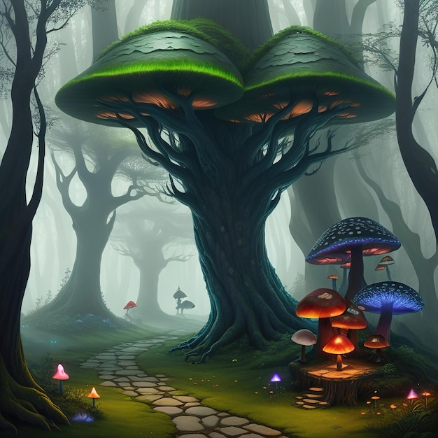 Betoverend bos met grote paddenstoelen