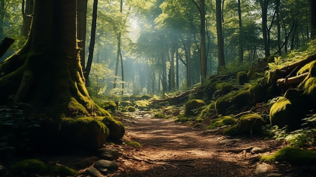 Betoverend groothoek uitzicht op een magisch bos in al zijn natuurlijke schoonheid