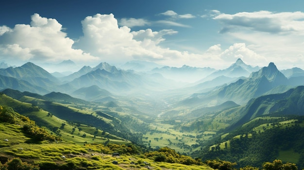 Betoverend landschap van groene bergen met bewolkte hemeloppervlakte