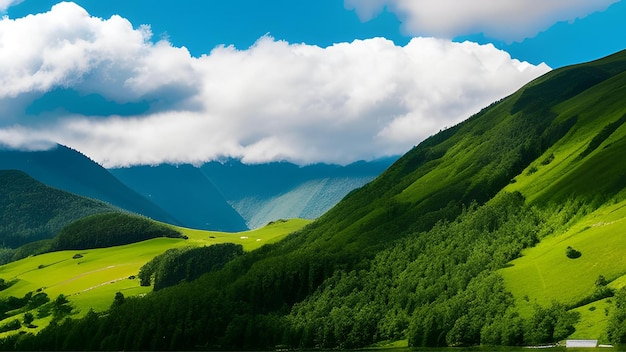 Betoverend landschap van groene bergen met een bewolkte hemelachtergrond