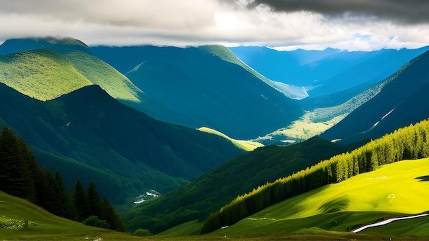 Betoverend landschap van groene bergen met een bewolkte hemelachtergrond