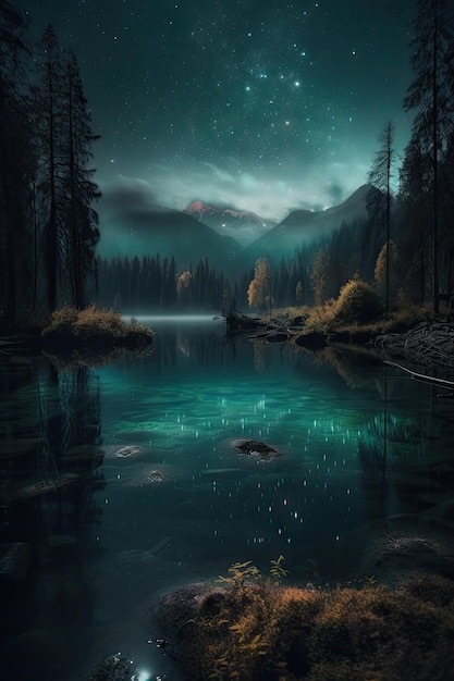 Betoverend nachtzicht op een sereen meer
