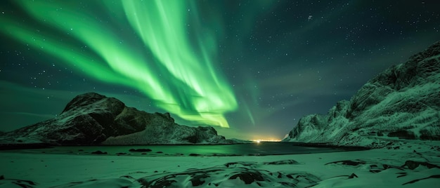 Betoverend noordelijk licht danst boven Hamnoy Noorwegen en verlicht de nachtelijke hemel.