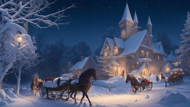 Foto betoverend sneeuwbedekt kasteel met paarden slee en flikkerende feestverlichting