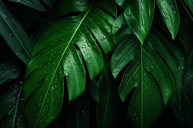 Betoverend tropisch gebladerte dat door regen wordt gekust Abstracte patronen verkennen op een donkergroen doek
