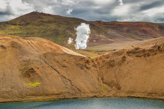 Betoverend uitzicht op het Viti-meer in een vulkanische krater onder de schilderachtige hemel in IJsland