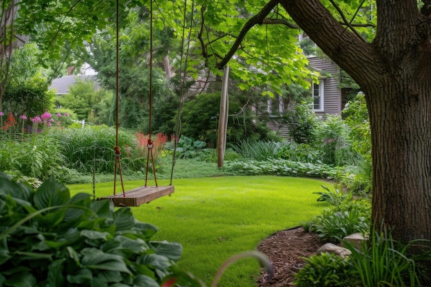 Foto betoverende achtertuin gazon schommeltuin generate ai