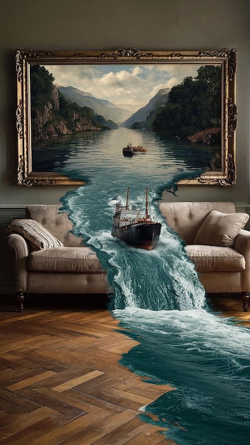 Betoverende afbeelding Een rivier ontspringt uit een olieverfschilderij en overstroomt een gezellige woonruimte