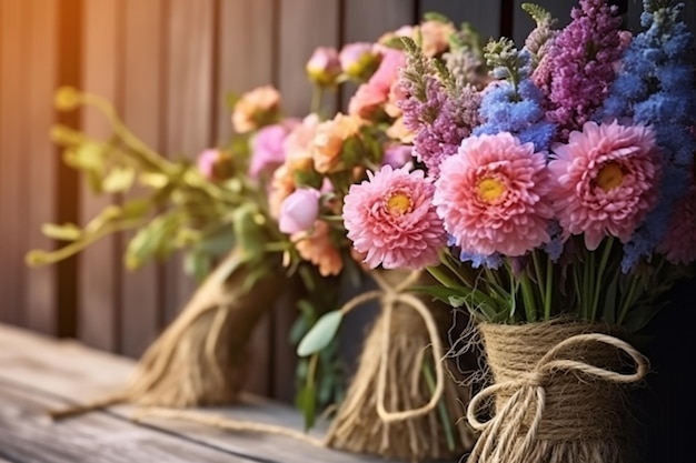 Betoverende boeketten bloemen op een houten plank en slingers gemaakt met generatieve AI-tools