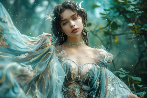 Betoverende bosvrouw in elegante blauwe fantasy jurk met etherische decoratieve elementen omringd