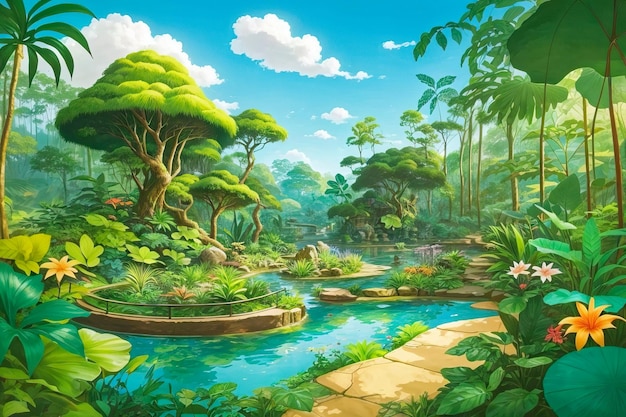 Betoverende Cartoon Jungle Wild Nature Adventure Botanic Garden in Green Fantasy Forest