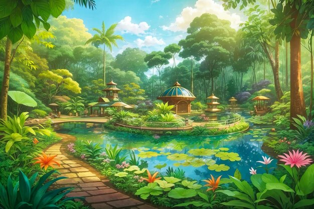 Betoverende Cartoon Jungle Wild Nature Adventure Botanic Garden in Green Fantasy Forest