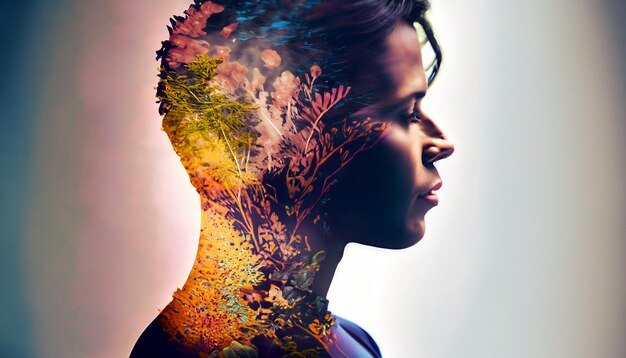 Foto betoverende double exposure portrait side profile face en nectar blend in boeiende harmonie