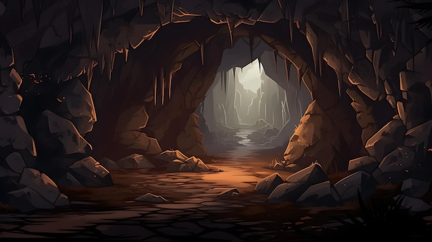 Betoverende grot met een serene pad verlicht door zacht licht generatieve AI