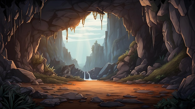 Betoverende grot met majestueuze watervallen en overvloedige rotsen makkelijk te ontdekken voorraadbeeld met Gene...