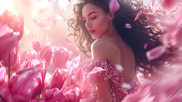 Betoverende jonge vrouw tussen roze tulpen droomende fantasy portret elegant gekleed etherische schoonheid in de lente AI