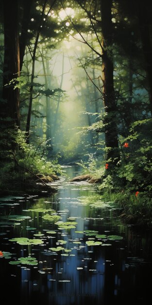 Betoverende kreek Een realistisch schilderij van een bosmoeras met achtergrondverlichting