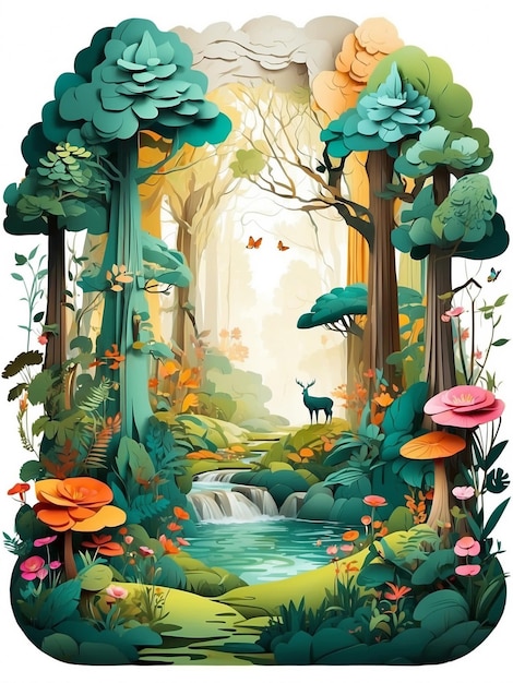 Betoverende mystieke boscollage feeën dieren en magische wezens in vectorpapierkunst