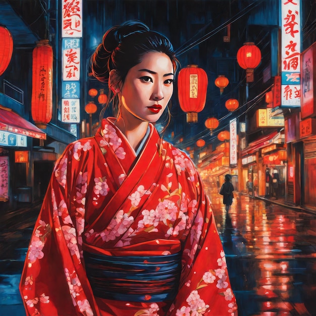 Betoverende nacht in Tokio Vrouw in karmozijnrode kimono te midden van neonlichten