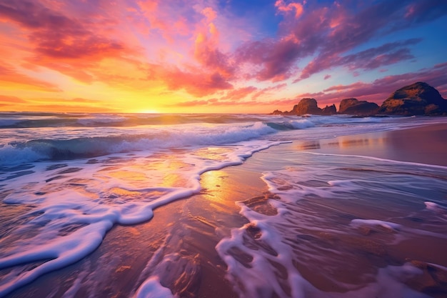 Betoverende panoramische opname van een afgelegen strand bij zonsondergang met zachte golven van goudkleurig zand