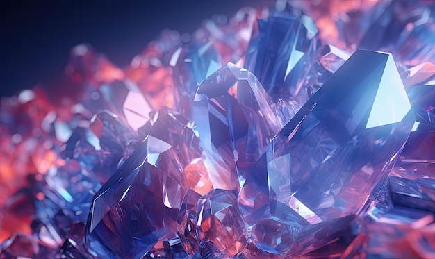 Betoverende reeks kristallen in blauw en paars, sierlijk gerangschikt en werpt ingewikkelde schaduwen op een AI-generatief oppervlak