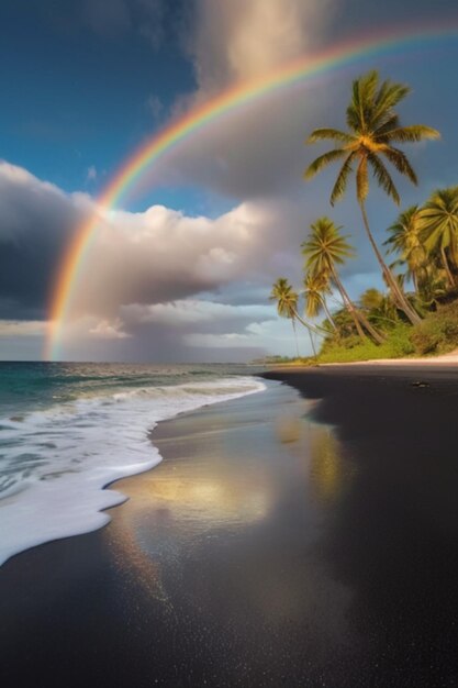 Betoverende scène Licht regenboog over glinsterende zee Helder wolken op zwart zandstrand met palmen