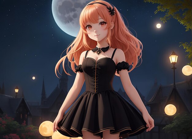 Betoverende scène van een schattig schattig animemeisje, elegant gekleed in het zwart