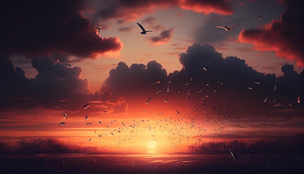 Betoverende skyline van de zonsondergang met majestueuze vliegende vogels