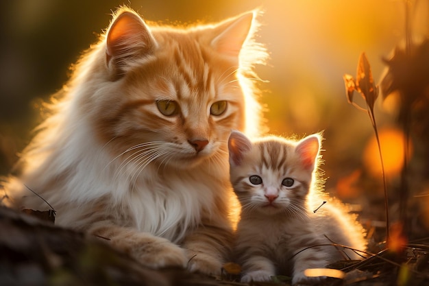 Betoverende weergave van moederlijke genegenheid Kat zorgt voor haar kitten AI