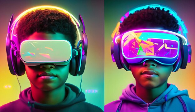 Betreed het Cyberpunk-rijk Ga helemaal op in levendige 4K-illustraties van een jongen met een VR-headset