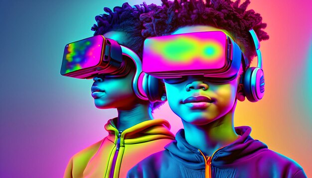 Betreed het Cyberpunk-rijk Ga helemaal op in levendige 4K-illustraties van een jongen met een VR-headset