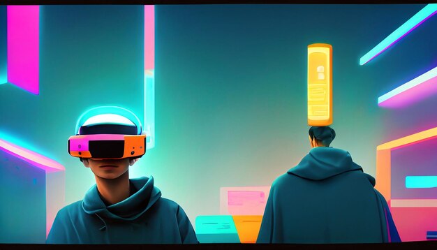 Betreed het Cyberpunk-rijk Ga helemaal op in levendige 4K-illustraties van een jongen met een VR-headset