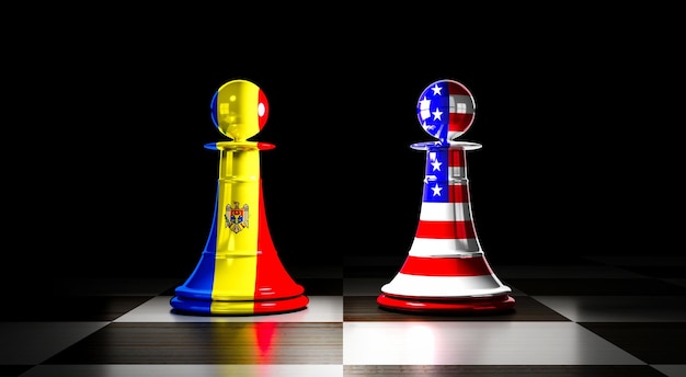 Foto betrekkingen tussen moldavië en de vs schaakpionnen met nationale vlaggen 3d illustratie
