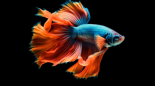 Betta fish Colorful fighting Siamese fish with beautiful silk tail isolated on black Amazing exotic tropical fish Generative AI