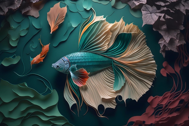 A betta fish with a blue tail and red tail is surrounded by leaves