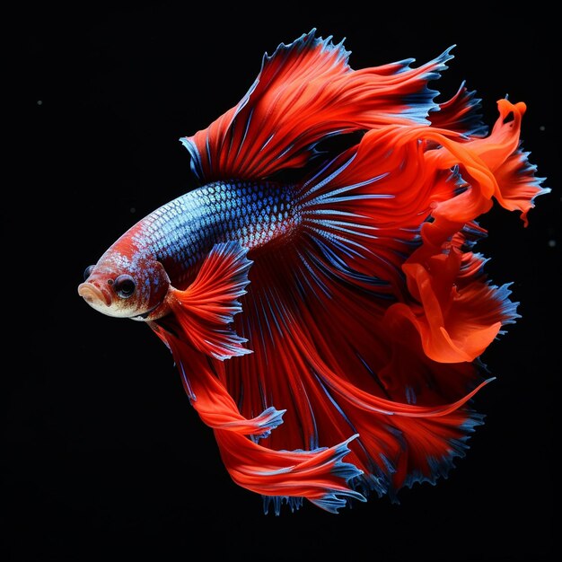 a betta fish with red and blue feathers is shown in a black background