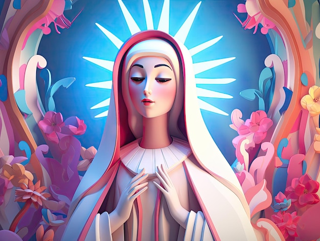 Beuatiful Virgin Mary Our Lady of Guadalupe 3D character design playful cartoon model