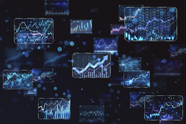 Beurs en forex exchange concept met veel digitale schermen met financiële grafiek diagrammen pijlen en grafieken op abstracte donkere achtergrond 3D-rendering