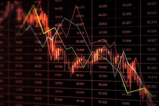 Beurscrash en economie crisis concept met vallende digitale financiële grafiek kandelaar en diagram op donkere achtergrond met beurs gegevens indicatoren 3D-rendering