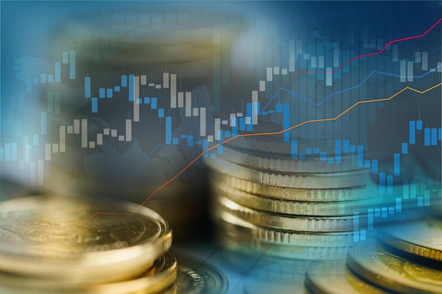 Beursinvesteringen die financiële munt en grafiekgrafiek of Forex verhandelen voor het analyseren van winstfinanciën zakelijke trendgegevensachtergrond