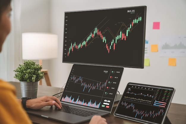 Beursmarkt concept, zakenmensen handelaar op zoek naar computer met grafieken analyse kaars lijn op tafel in kantoor, diagrammen op het scherm.