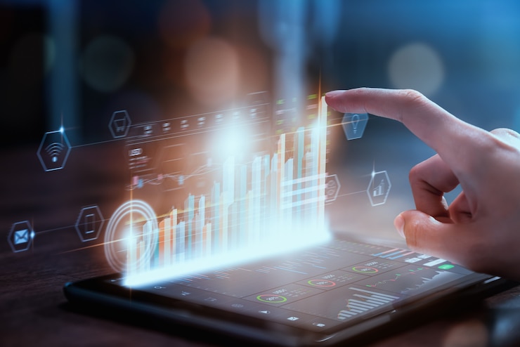 Foto beursmarkt concept, zakenvrouw hand handelaar pers digitale tablet met grafieken analyse